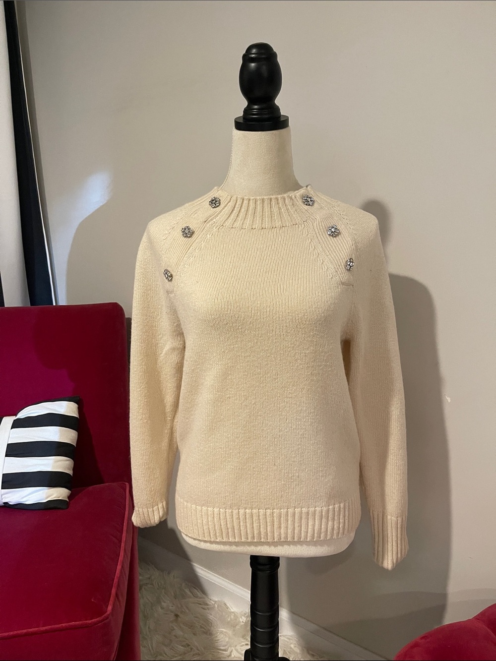 J Crew Cream Embellished Crewneck Sweater rhinestone button